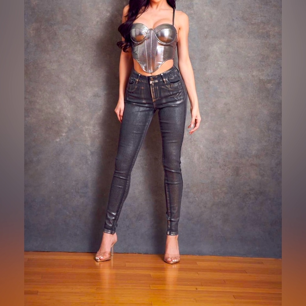 111-Silver Foil Skinny Jeans